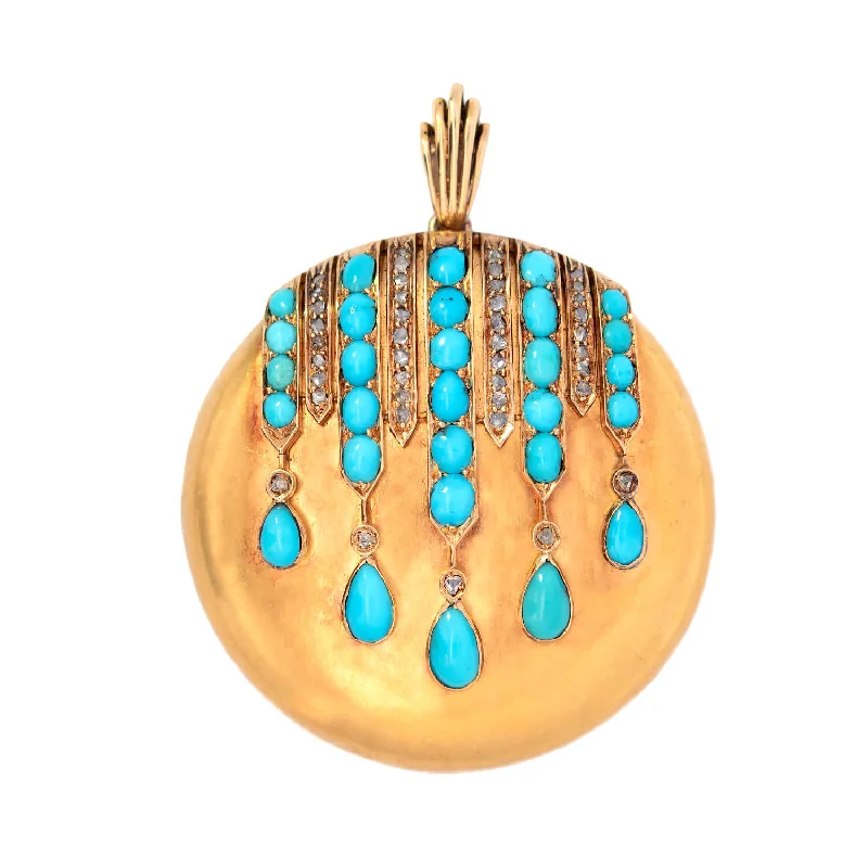 necklaces with turquoise stone -Victorian 14k Turquoise + Diamond Round Locket