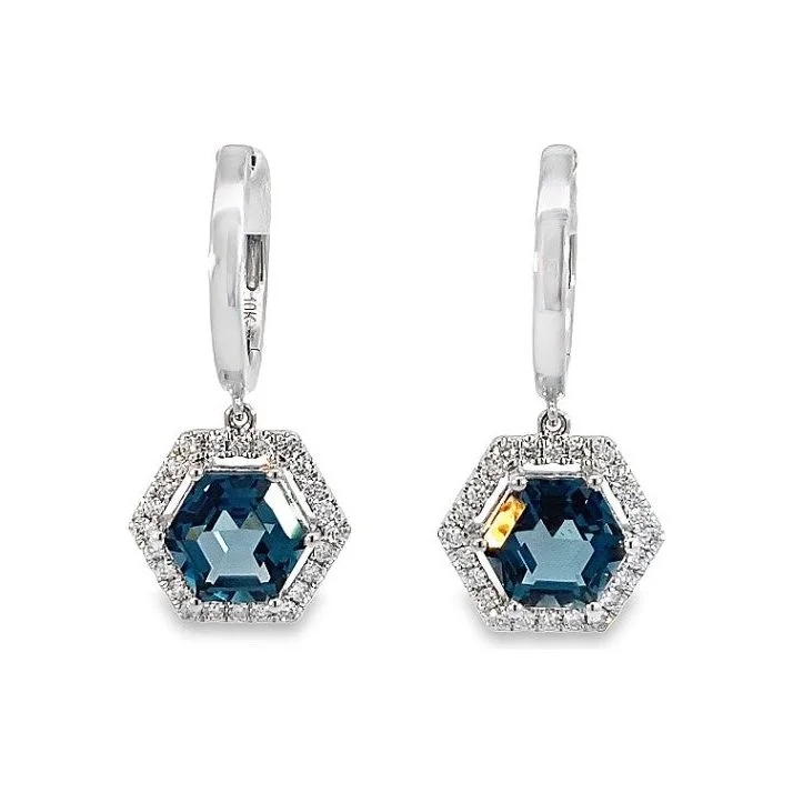 Ladies asymmetrical earrings -10K White Gold London Blue Topaz Hexagon Halo Dangle Huggies