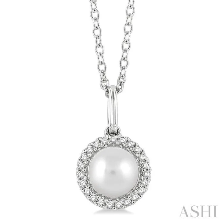 necklaces with ruby red -1/20 ctw Petite Round Cut Diamond Halo and 6X6MM Cultured Pearl Fashion Pendant With Chain in 10K White Gold