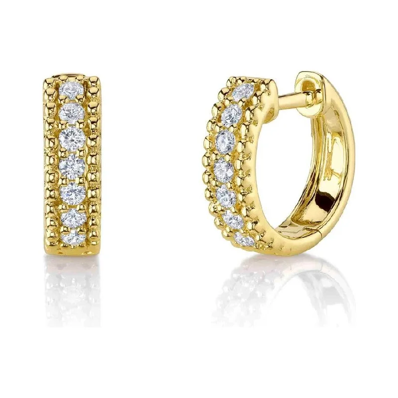 Ladies geometric hoop earrings -14K Yellow Gold Diamond Huggies