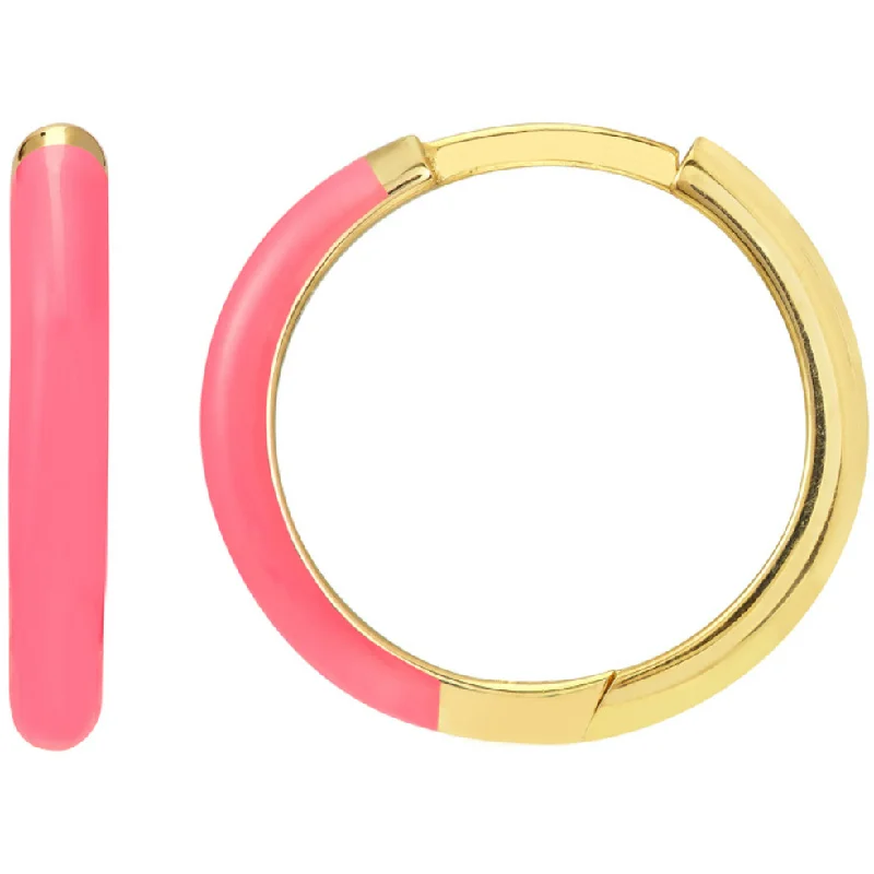 Affordable earrings for women -14K Yellow Gold & Neon Pink Enamel Huggie Hoop Earrings