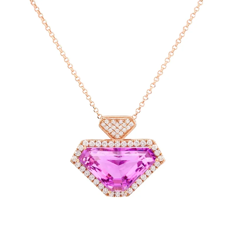 necklaces with pearl drop -Modern 15 Carat Kunzite Diamond 14K Rose Gold Necklace