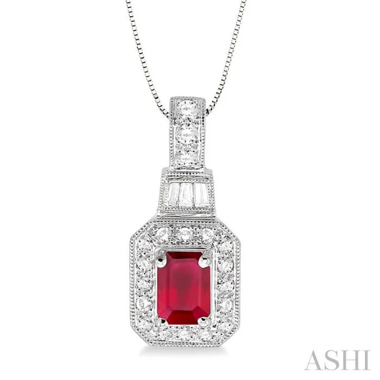 necklaces trendy 2025 design -6x4 MM Octagon Cut Ruby and 1/4 Ctw Round and Baguette Cut Diamond Pendant in 14K White Gold with Chain