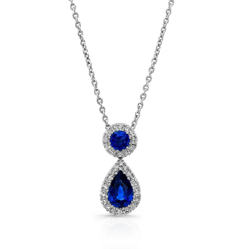 necklaces for young women -Uneek Pear and Round Blue Sapphire Pendant with Diamond Halos