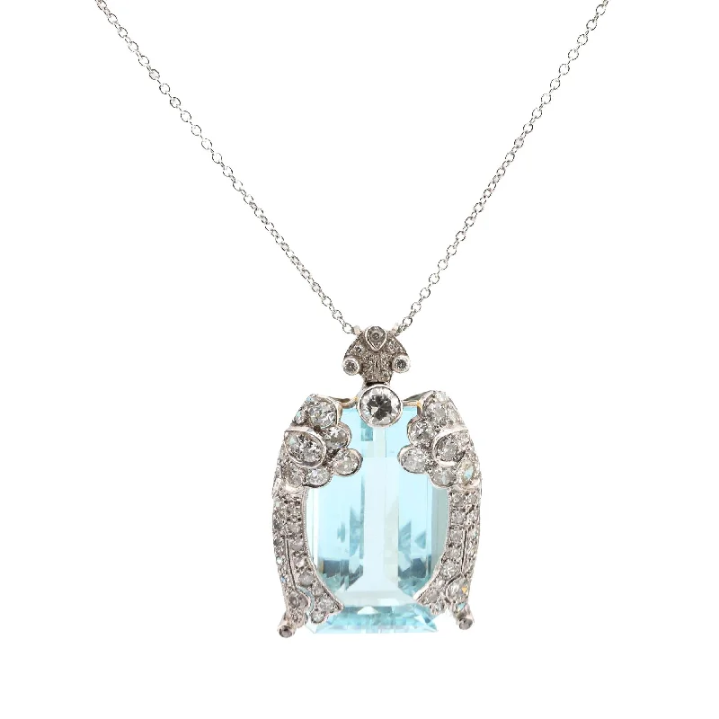 necklaces with infinity symbol -Art Deco French 42 carat aquamarine diamond platinum necklace