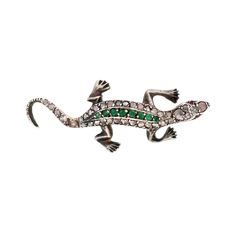 Ladies tribal engagement rings -Victorian Sterling Silver Diamond and Emerald Salamander Pin