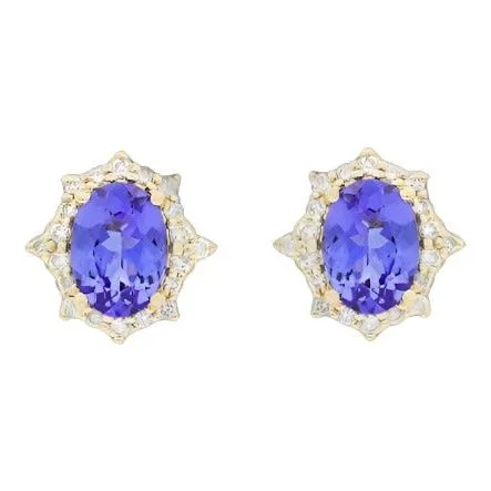 Dainty stud earrings for women -14K Yellow Gold Tanzanite & Diamond Halo Studs