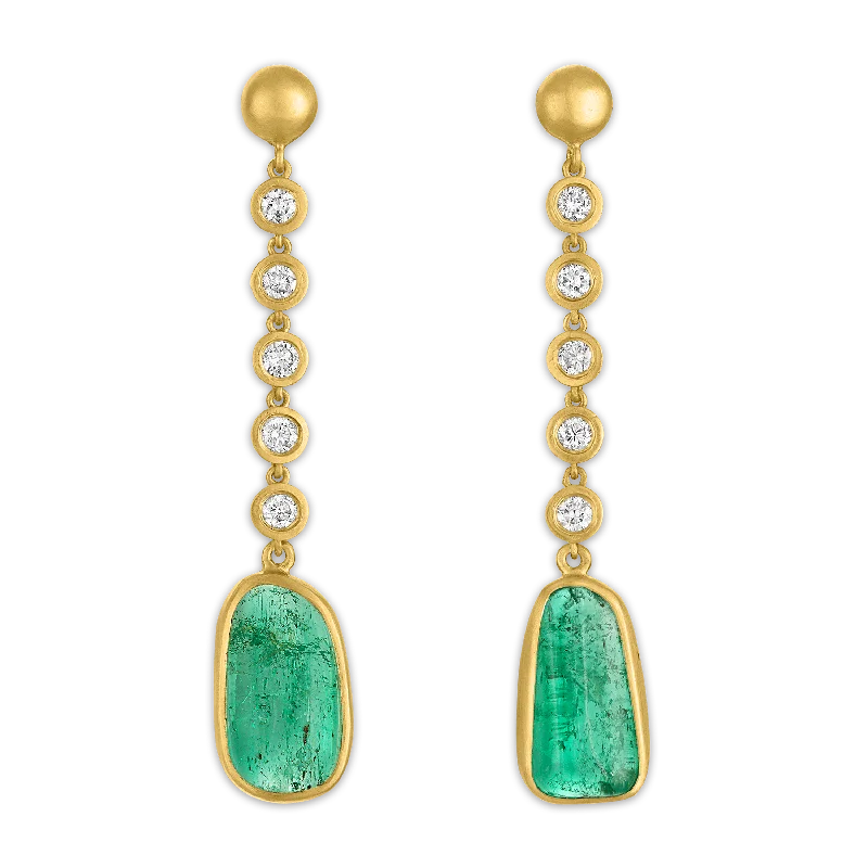 Ladies designer earrings -Five Diamond and Tumbled Emerald Chime Earrings