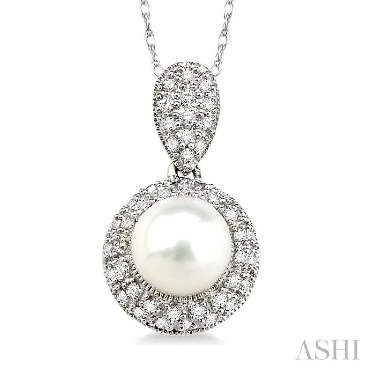 necklaces delicate thin chain -6.5 MM Cultured Pearl and 1/4 Ctw Single Cut Diamond Pendant in 14K White Gold with Chain