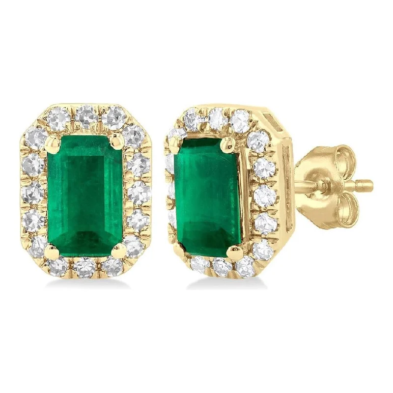 Ladies layered dangle earrings -10K Yellow Gold Emerald and Diamond Halo Stud Earrings