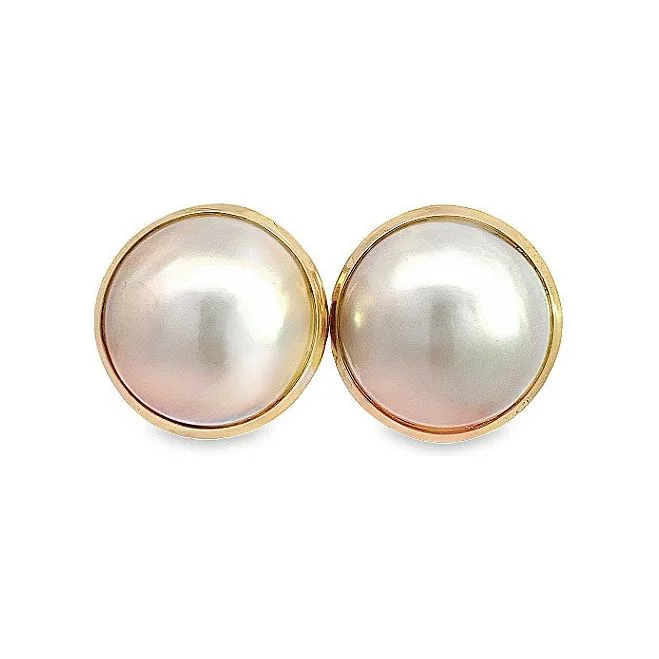 Ladies aquamarine earrings -Estate 14K Yellow Gold Large Mabe Pearl Stud Earrings