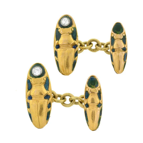 Ladies boho engagement rings -Edwardian 18kt Enamel & Diamond Scarab Cufflinks