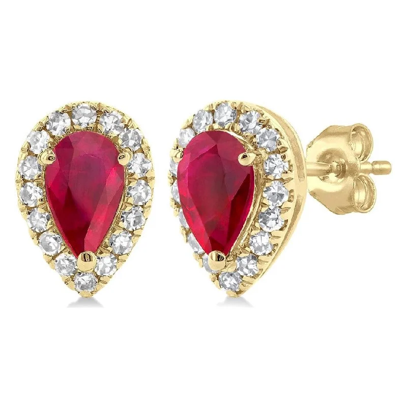 Ladies onyx earrings -10K Yellow Gold Pear Ruby and Diamond Halo Stud Earrings