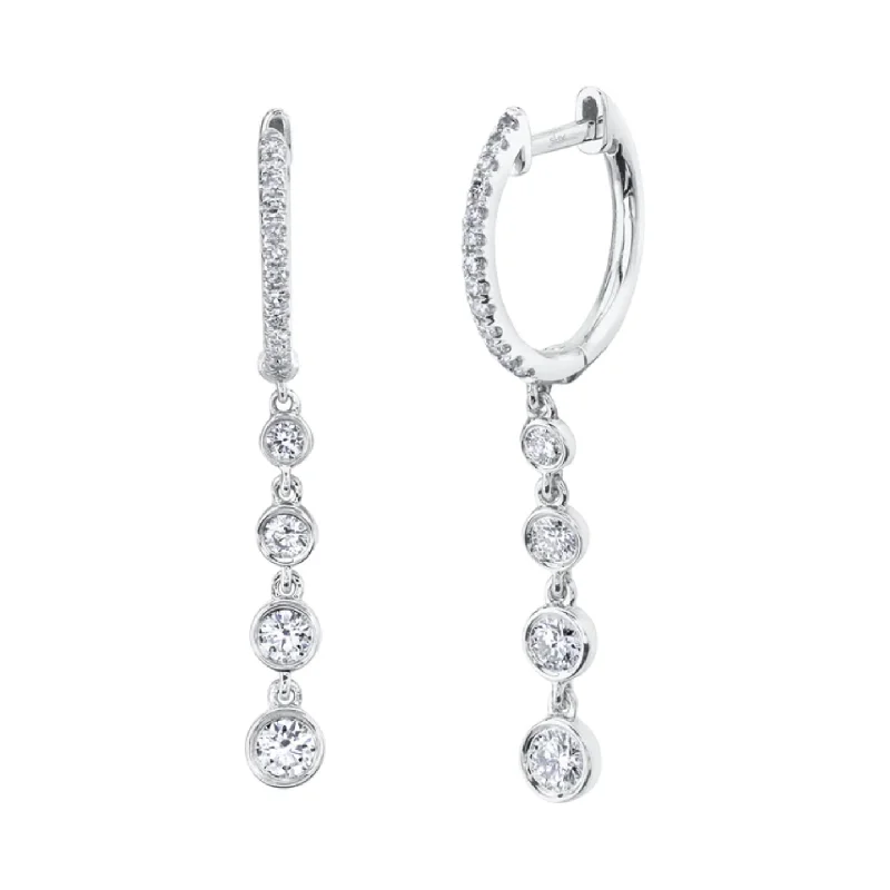 Boho tassel earrings for women -14K White Gold Diamond Bezel Dangle Huggies