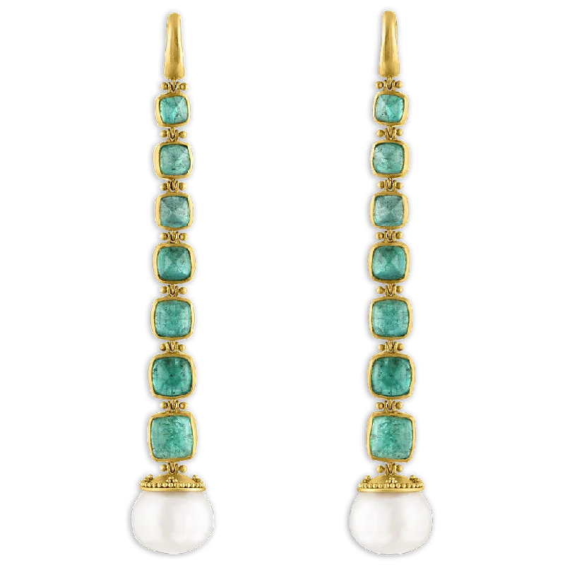 Long boho earrings for women -Emerald and South Sea Pearl Chime Earrings