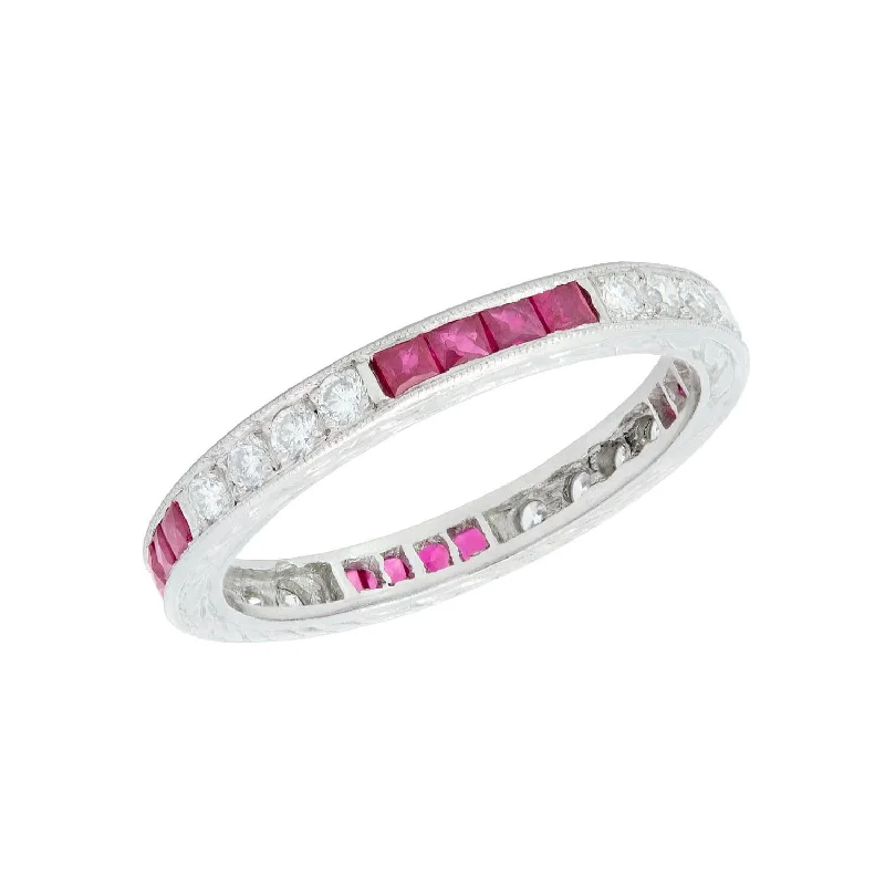 Delicate engagement rings for ladies -Estate Platinum Ruby and Diamond Eternity Band