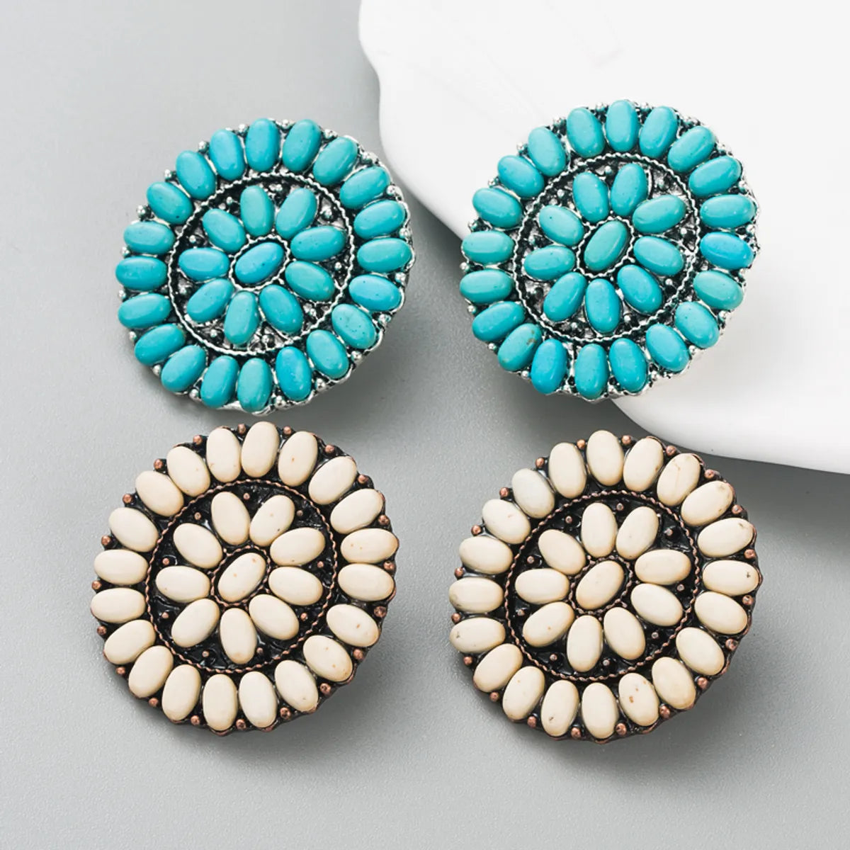 Ladies elegant chandelier earrings -Fashion Turquoise Blue White Beads Alloy Stud Earrings