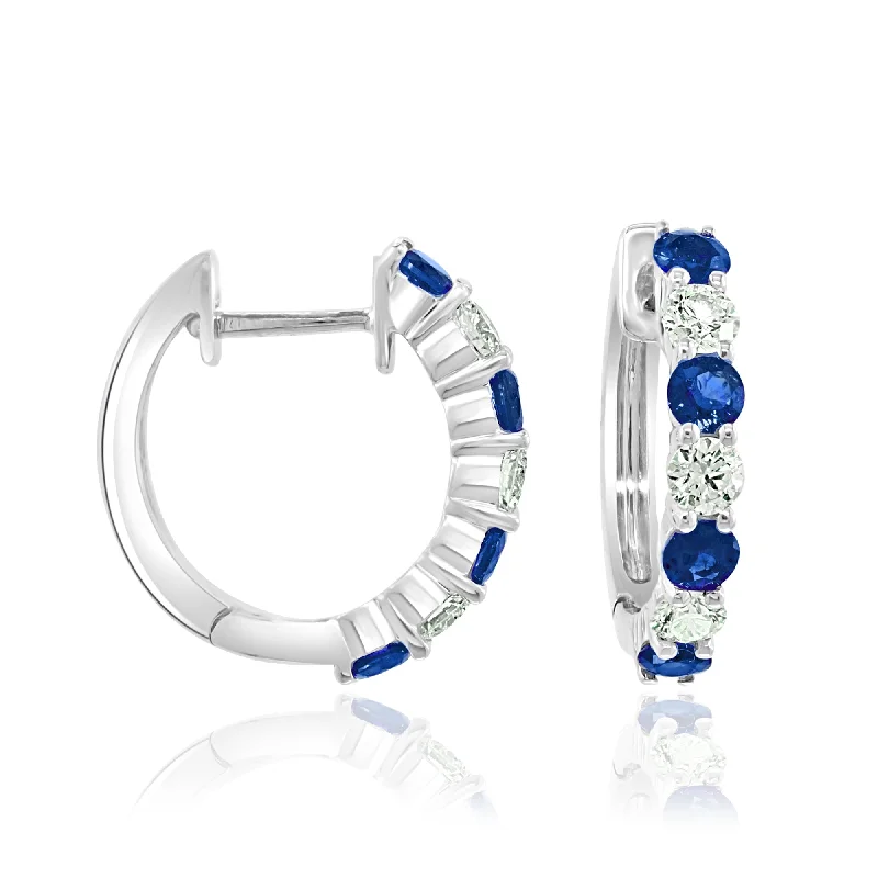 Delicate chain earrings for women -14K White Gold  Sapphire & Diamond Hoops