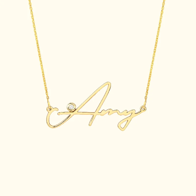 necklaces with aquamarine stone -Signature Diamond Bezel Nameplate Necklace