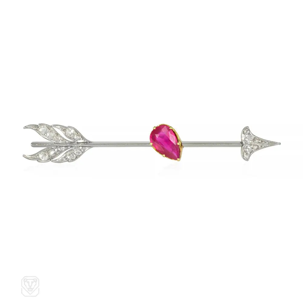 Minimalist platinum engagement rings for women -French Art Deco ruby and diamond Cupid's arrow pin