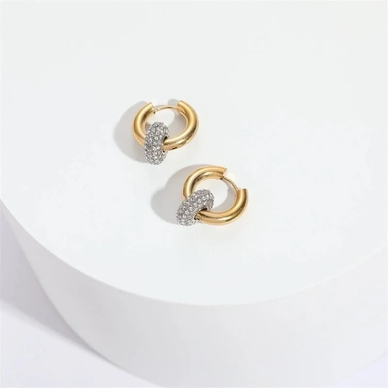 Elegant diamond earrings for women -Fashion Round Copper Gold Plated Zircon Hoop Earrings 1 Pair