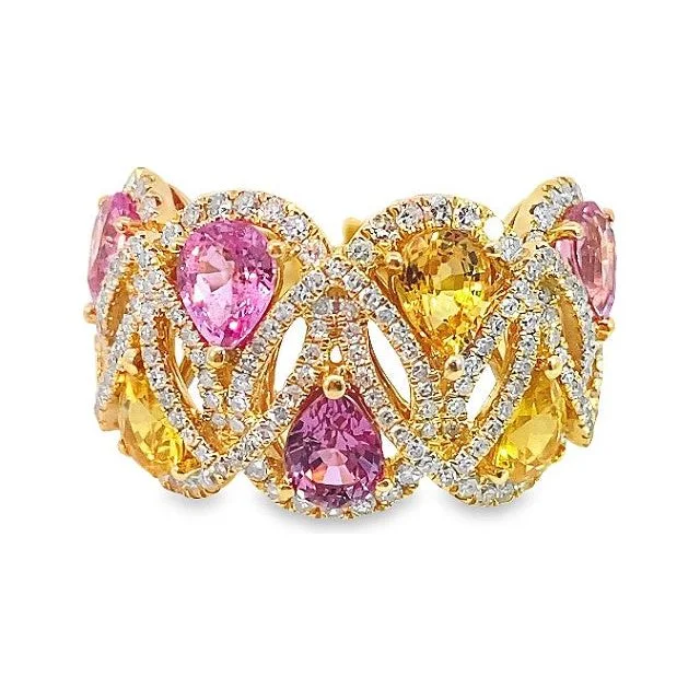 Dainty diamond earrings for women -18K Gold Pink & Yellow Sapphire Wide Band