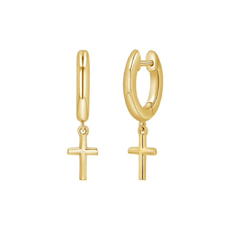 Classic gold hoop earrings for women -Cross Charm Drop Huggies