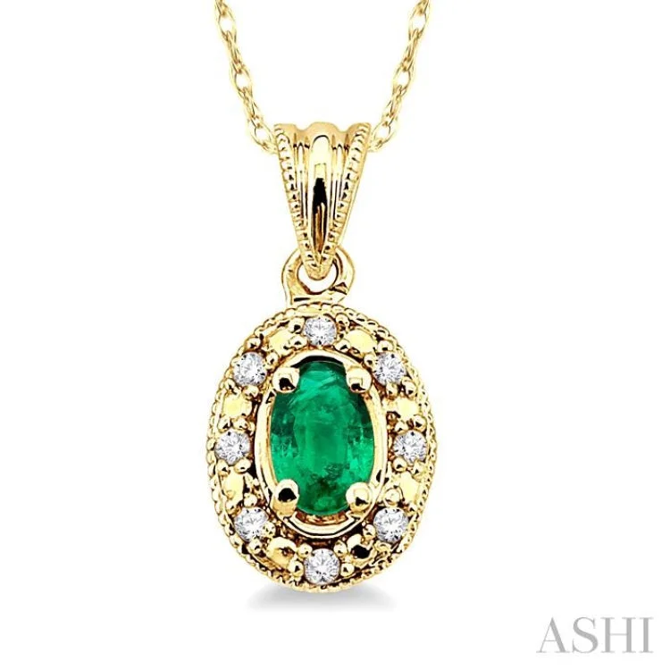 necklaces with ruby red -5x3mm Oval Shape Emerald and 1/20 Ctw Single Cut Diamond Pendant in 14K Yellow Gold with Chain