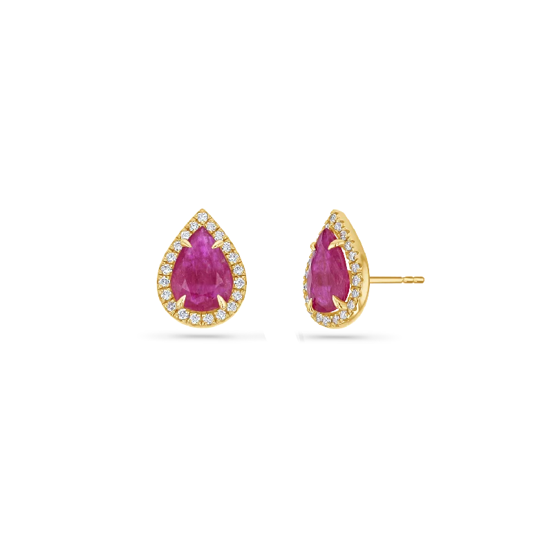 Ladies amethyst earrings -Diamond Pave Teardrop Ruby Studs