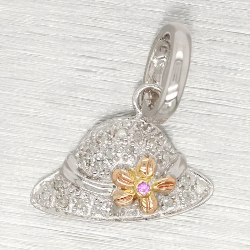 necklaces with topaz blue -Vintage Pavé Diamond & Ruby Flower Sun Hat Pendant - 14k White Gold Charm