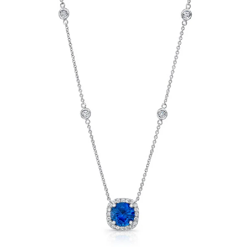 necklaces with crystal beads -Uneek Round Blue Sapphire Pendant with Cushion-Shaped Diamond Halo