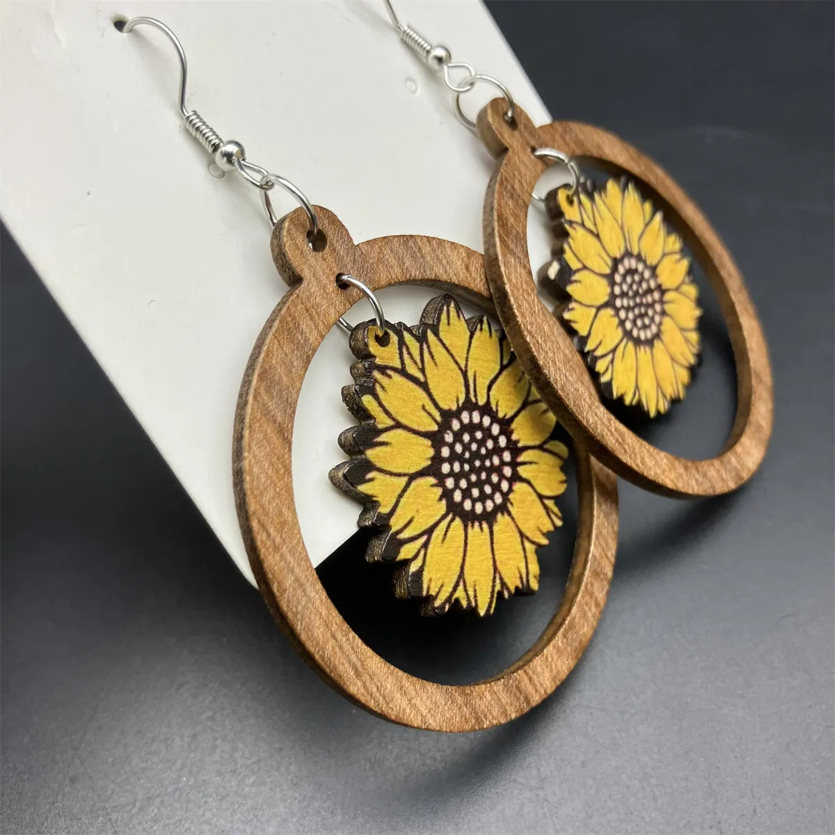 Classic silver earrings for women -1 Pair Classical Pastoral British Style Sunflower Wood Drop Earrings