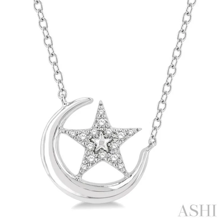 necklaces timeless beauty -1/10 Ctw Crescent Moon and Star Round Cut Petite Diamond Fashion Pendant With Chain in 10K White Gold