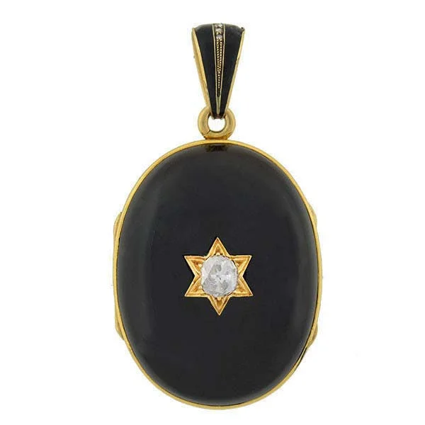 necklaces with onyx black -Victorian 15kt Banded Agate & Diamond Locket 0.75ct