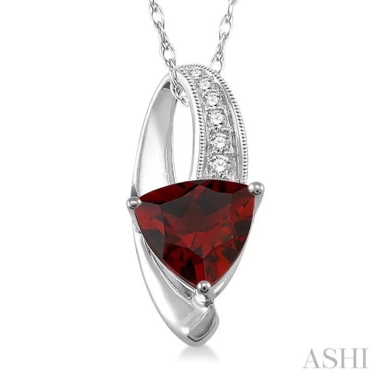 necklaces with floral charm -8x8mm Trillion Cut Garnet and 1/20 Ctw Single Cut Diamond Pendant in 10K White Gold with Chain