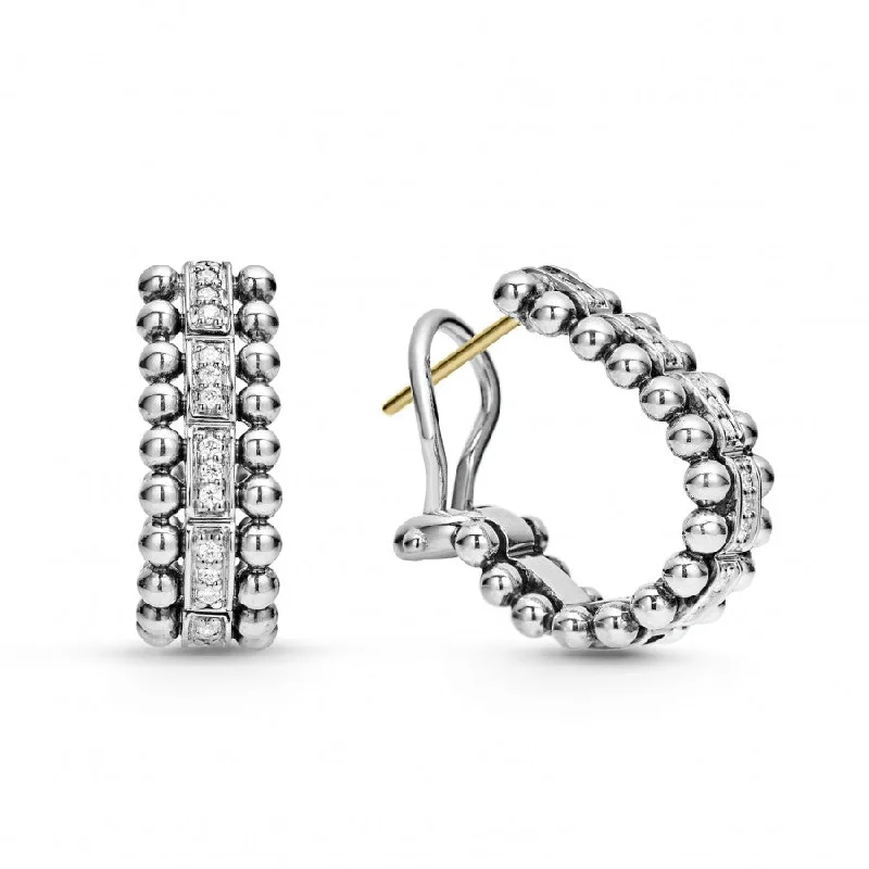 Vintage-inspired earrings for ladies -Lagos Sterling Silver Caviar Spark Diamond Hoop Earrings