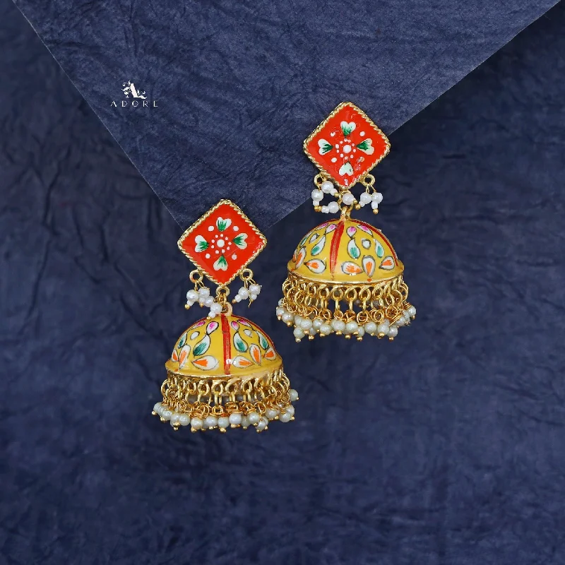 Boho chic earrings for ladies -Hand Painted Cluster Pearl Diamond Jhumka