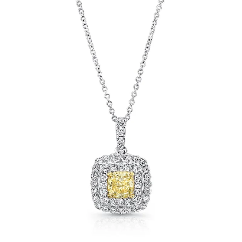 necklaces with floral charm -Uneek Cushion-Cut Fancy Yellow Diamond Pendant with Dreamy Scalloped Double Halo