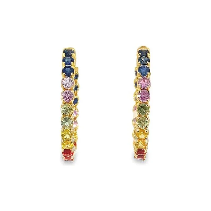 Minimalist earrings for women -14K Yellow Gold Rainbow Sapphire Inside Out Hoops