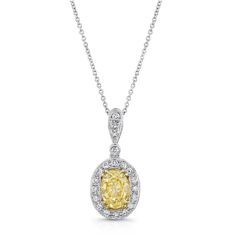 necklaces with gemstone beads -Uneek Oval Fancy Yellow Diamond Halo Pendant