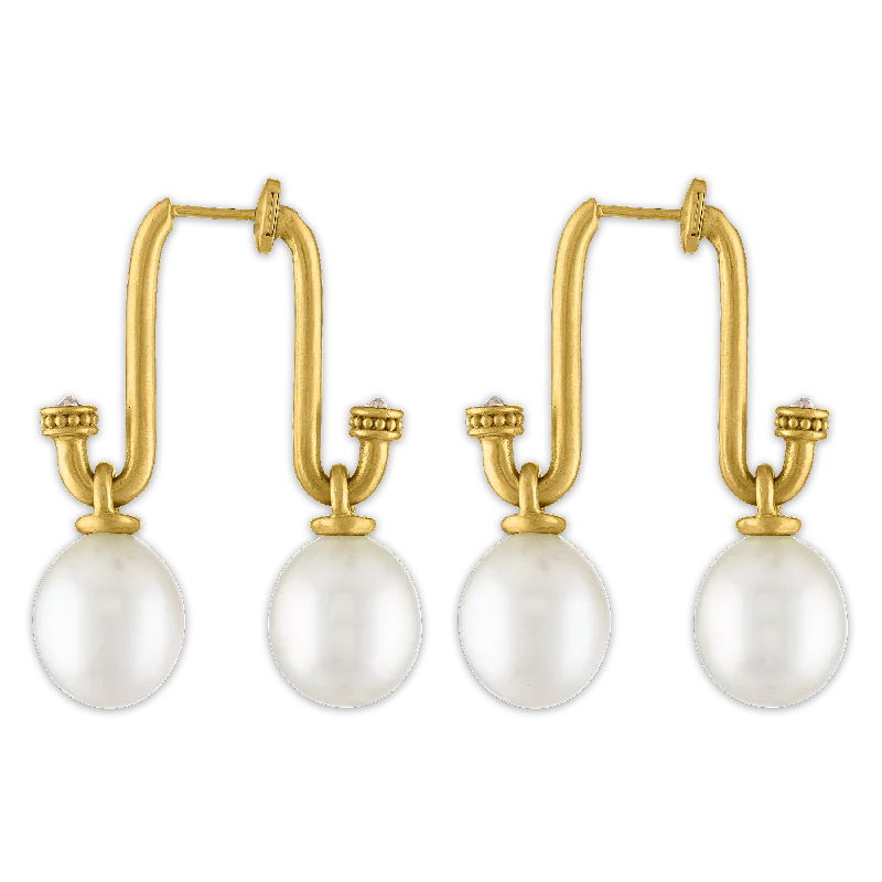 Ladies vintage gold earrings -Small South Sea Pearl and Old Mine Diamond Tuba Earrings