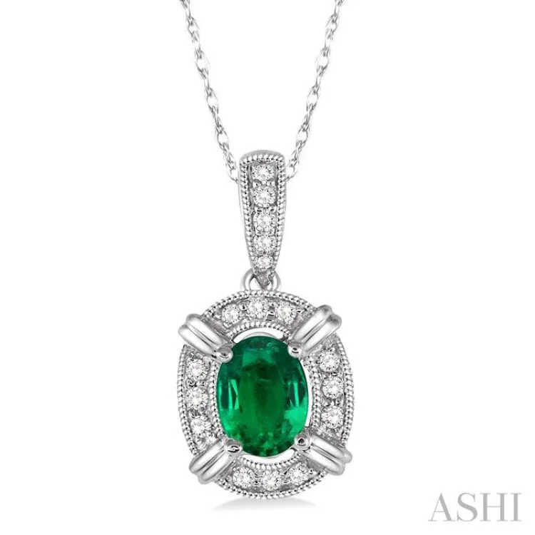 necklaces affordable luxury -6x4 MM Oval Cut Emerald and 1/10 Ctw Single Cut Diamond Pendant in 14K White Gold with Chain