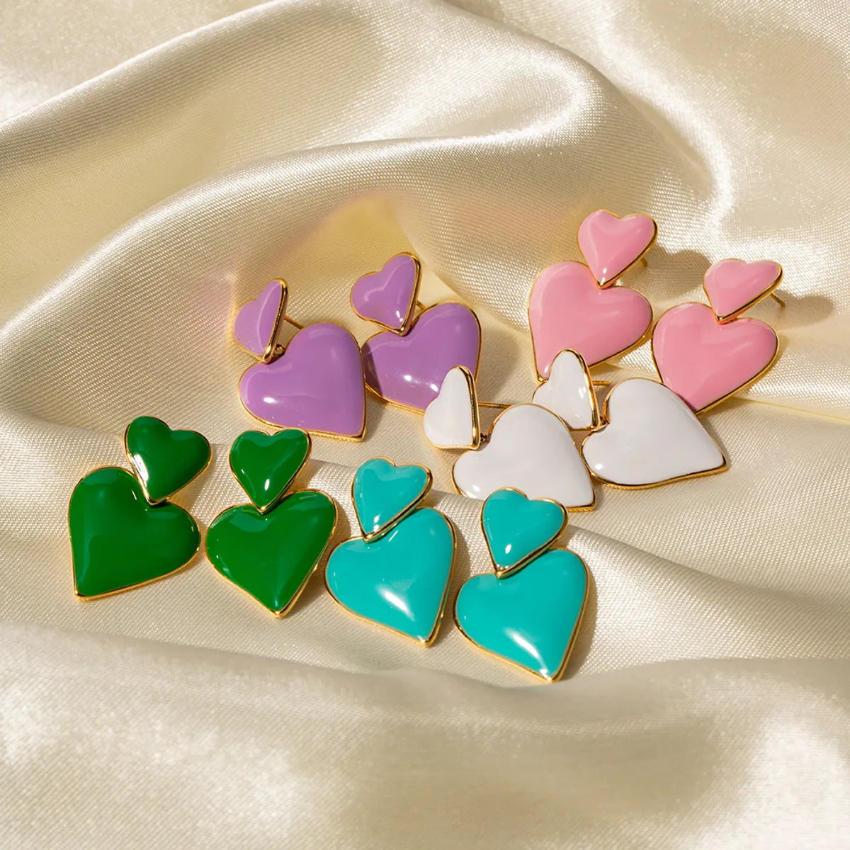 Bold statement earrings for ladies -1 Pair Retro Heart Shape Enamel Plating Stainless Steel 18k Gold Plated Drop Earrings