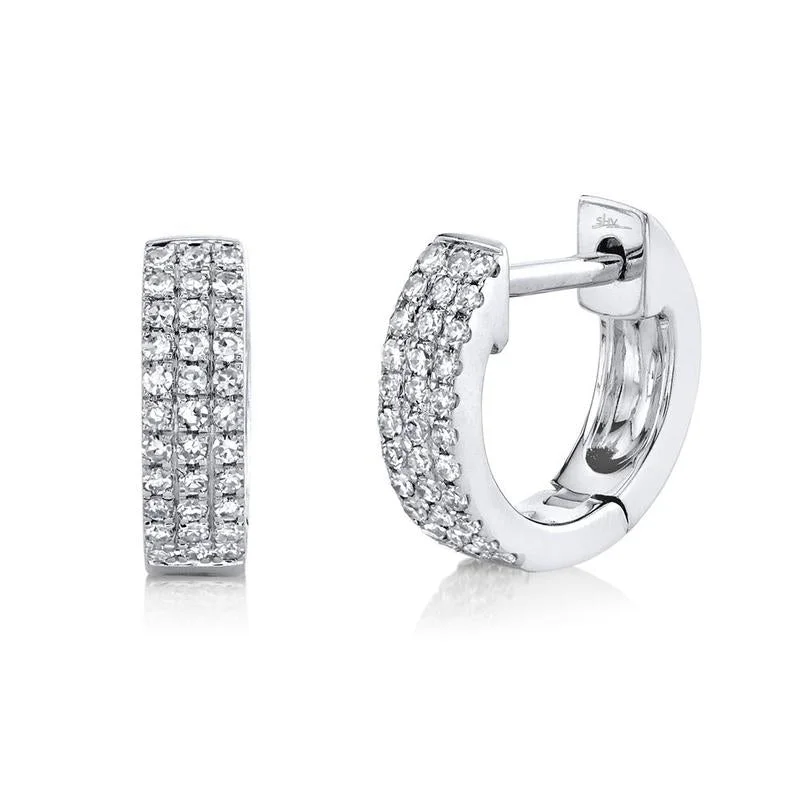 Ladies vintage pearl earrings -14K White Gold Diamond Triple Row Huggie Earrings