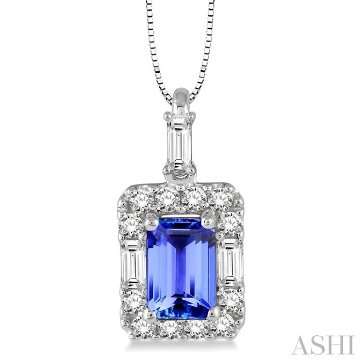 necklaces for gifting ideas -6x4 MM Octagon Cut Tanzanite and 1/3 Ctw Round Cut Diamond Pendant in 14K White Gold with Chain