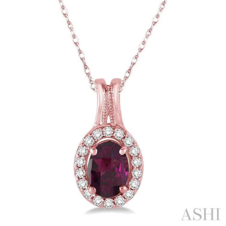 necklaces with zircon sparkle -7x5 MM Oval Shape Rhodolite and 1/6 Ctw Round Cut Diamond Pendant in 14K Rose Gold with Chain