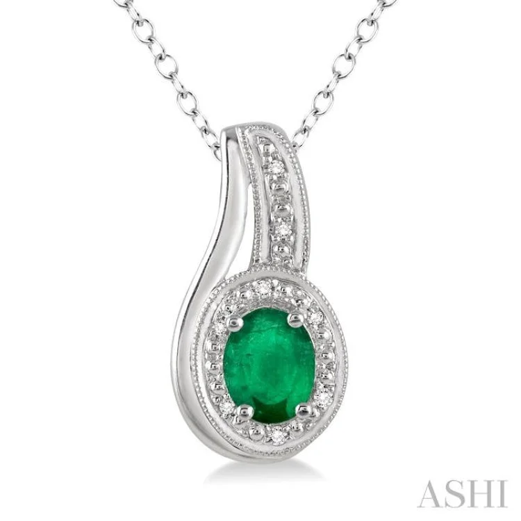 necklaces timeless beauty -6x4 MM Oval Cut Emerald and 1/50 Ctw Round Cut Diamond Pendant in Sterling Silver with Chain