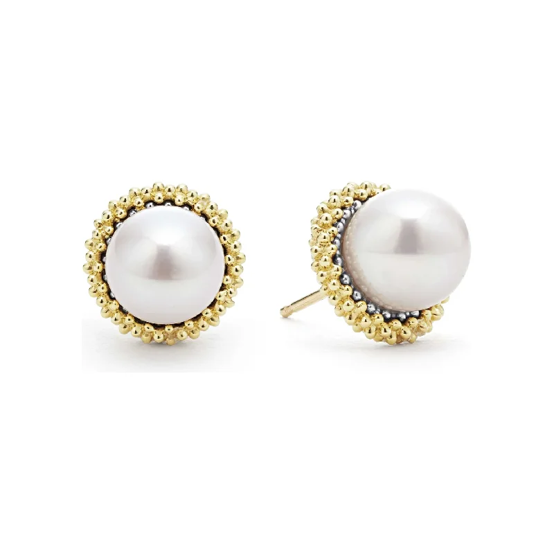 Ladies floral hoop earrings -Lagos Sterling Silver & 18K Gold Luna Lux Pearl Stud Earrings