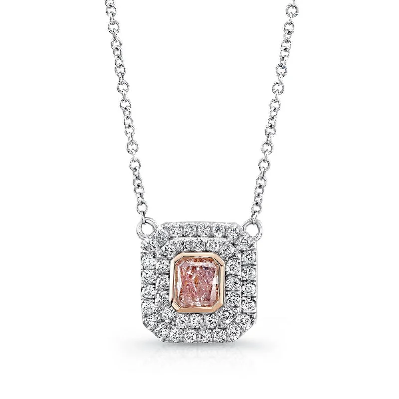 necklaces romantic delicate look -Uneek Radiant-Cut Pink Diamond Double Halo Pendant