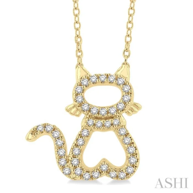 necklaces choker sleek style -1/6 Ctw Cat Shape Petite Round Cut Diamond Fashion Pendant With Chain in 10K Yellow Gold